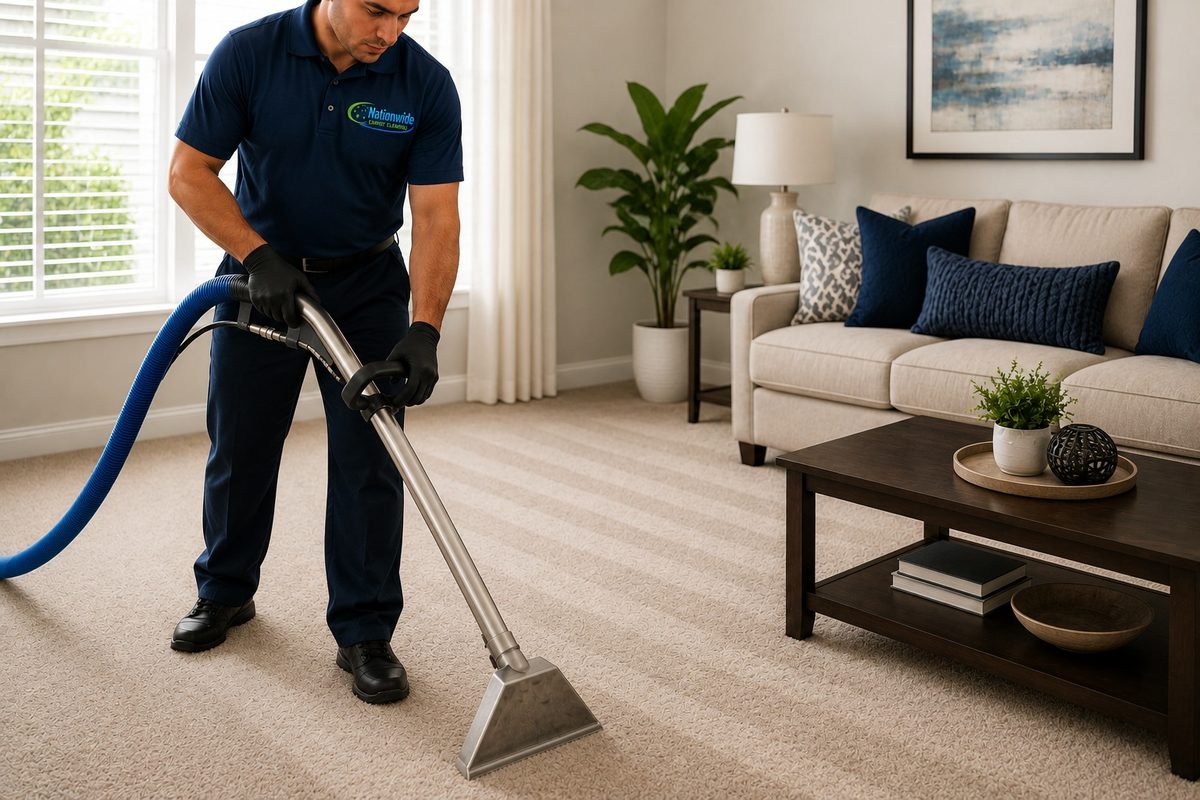 Nationwide Carpet Cleaning technician performing truck-mounted hot water extraction on residential carpet