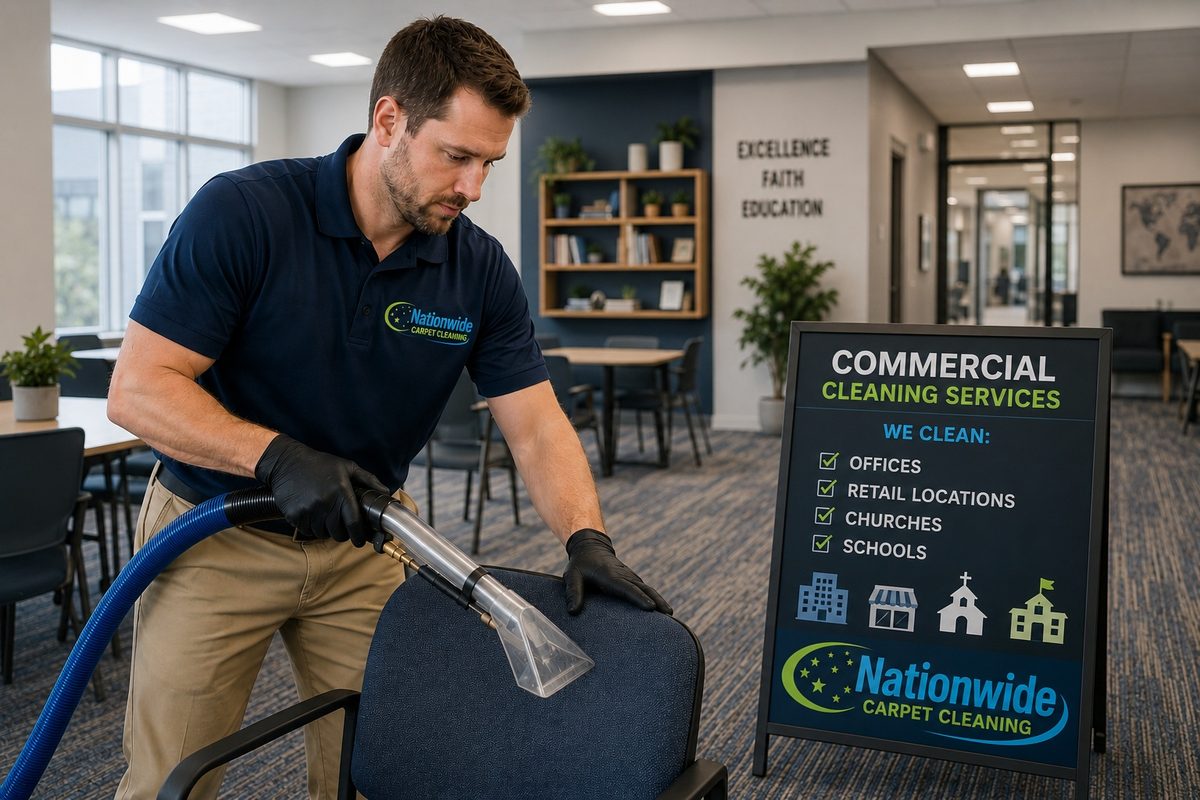 Nationwide Carpet Cleaning technician cleaning an office chair for a commercial client