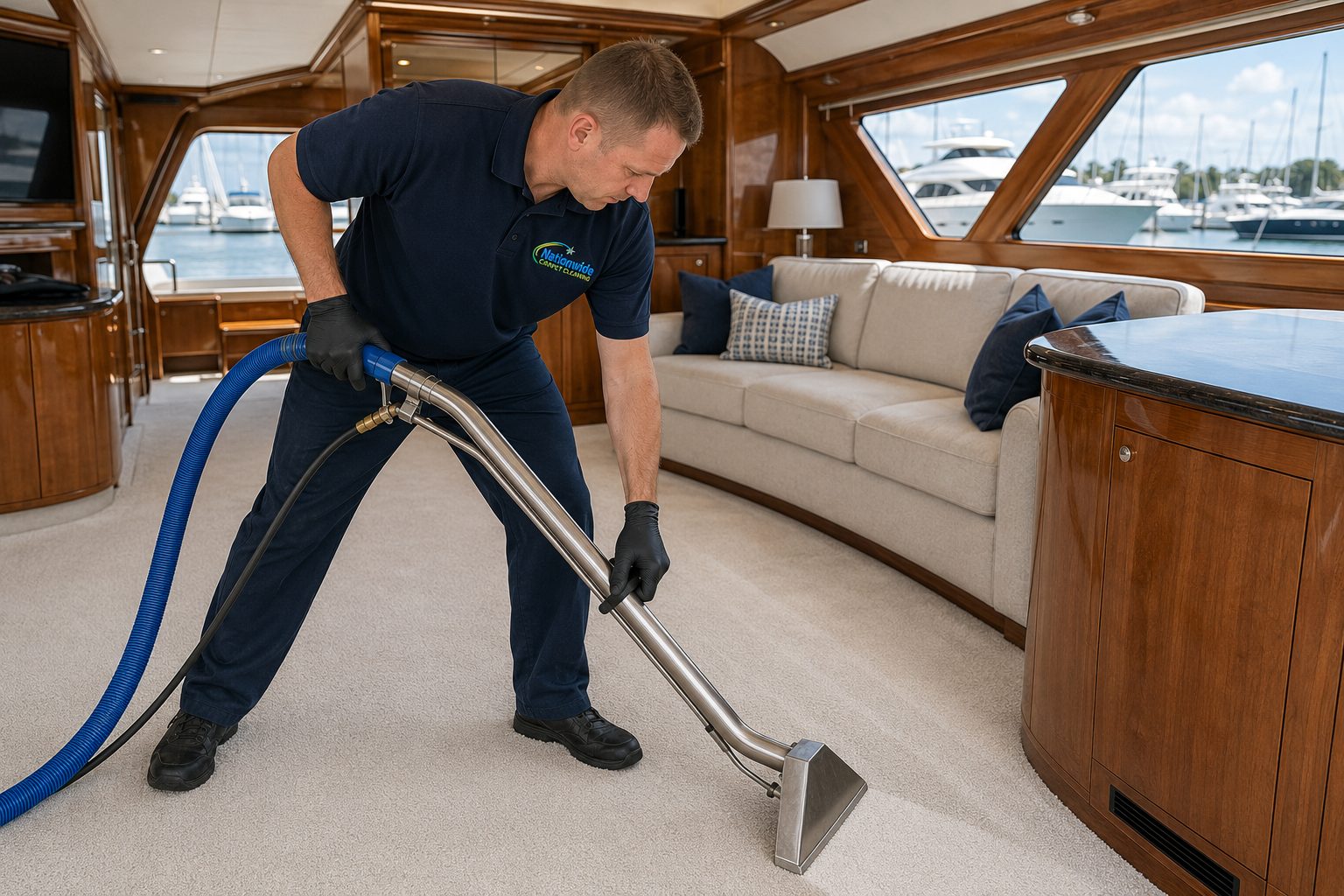 Yacht salon carpet and upholstery cleaning at a Palm Beach County marina